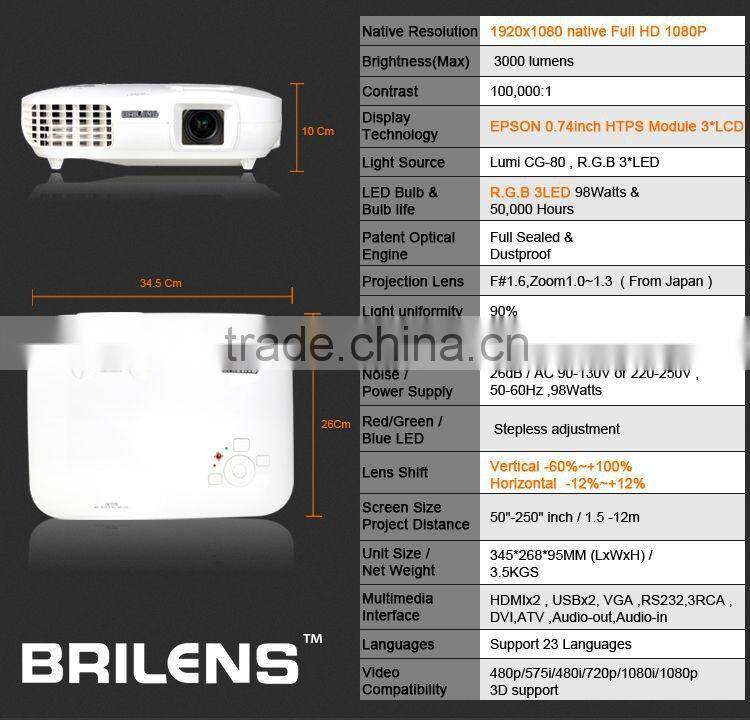 RGB 3 LED 3 LCD 1920 X 1080 WQXGA 3000 Lumens video projector screen for led projector