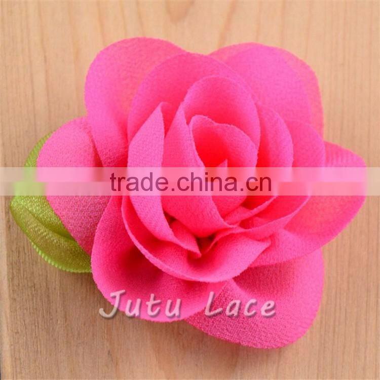 Francy Baby Kids Hair Accessories 30Colors Mini 6cm Craft Chiffon Fabric Flower with Leaf -handmade artificial decorative flower