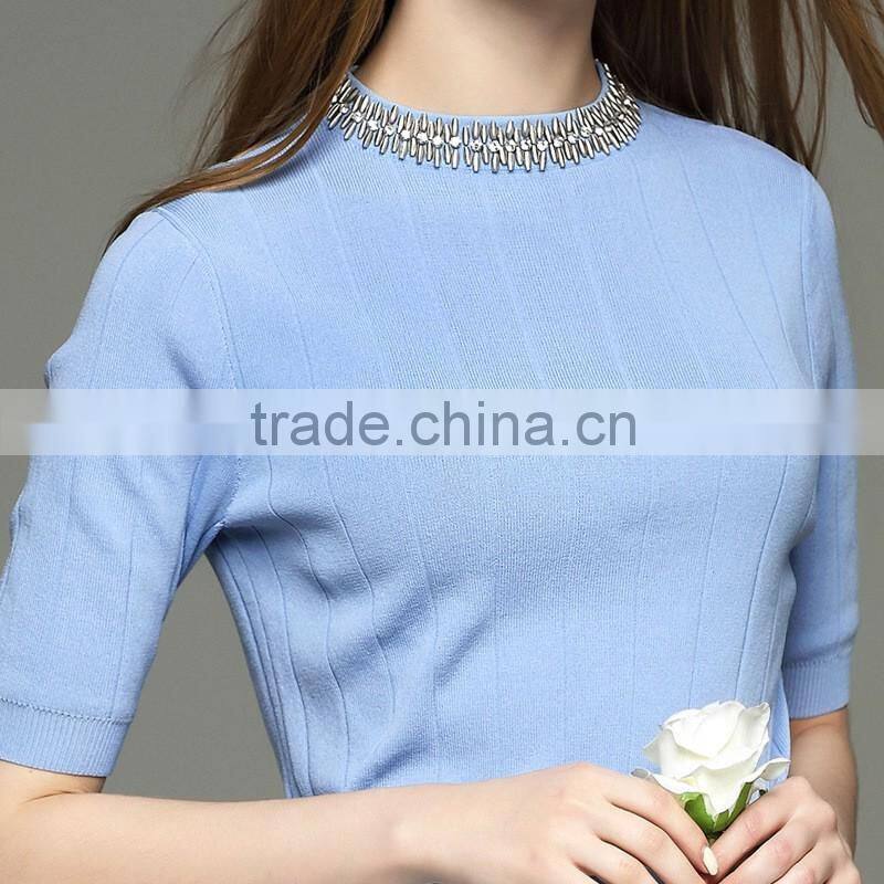 lady's knit round-neck with beads 3/4 sleeve pullover