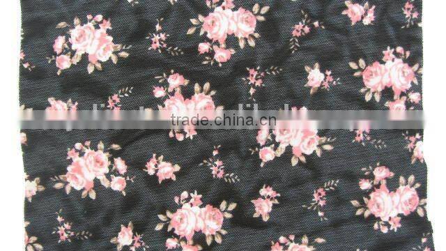 pink flower on black mesh half shiny mesh Spandex nylon 70210 Elastic kids shoes fabric