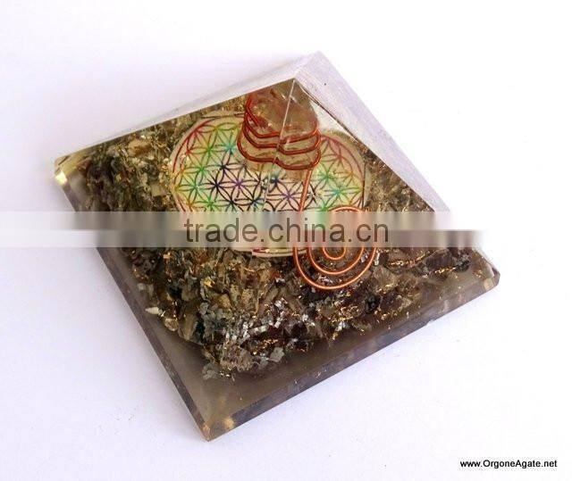 Big Orgone Energy Blue Aventurine Pyramid With Flower Of Life Symbol And Crystal Point | Flower Of Life Pyramid