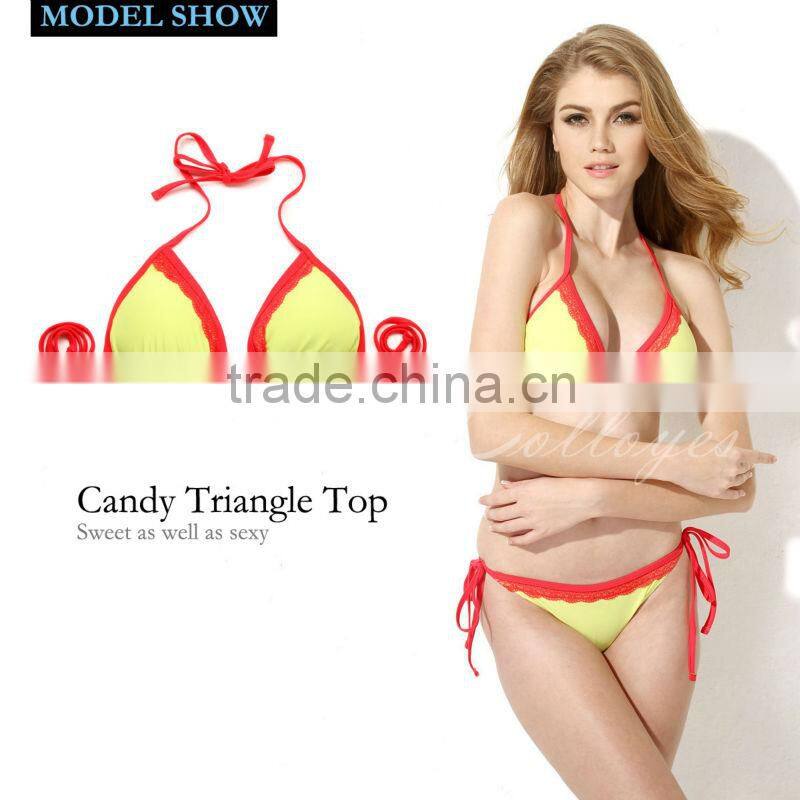 New Sexy Triangle Top 2016 Bikini Swimsuit Greenish Yellow + Red Lace with Classic Cut Bottom Colloyes