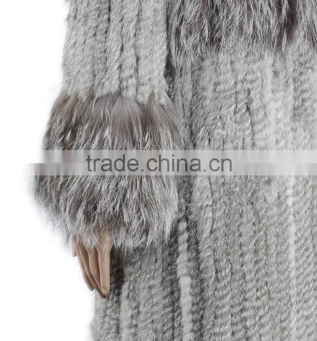 High quality knitted fur coat with rabbit/silver fox fur/high fashion fur style for ladies KZ150105
