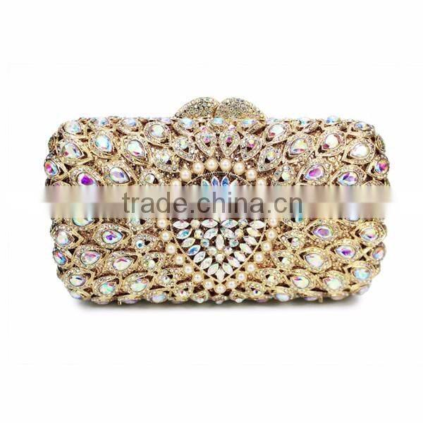 gold metal and AB color crystal evening clutch bag woman handbag ladies party bag (88162A-AB)