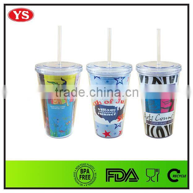 Customize 16 ounce plastic double-deck tumbler with straw