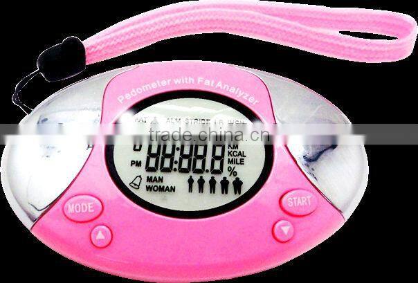 Oval shaped body fat analyzer pedometer with lanyard