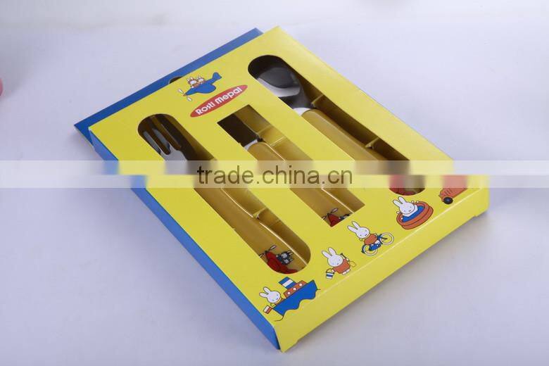 baby cutlery set stainless stee plastic handle packing into a beautiful paper box