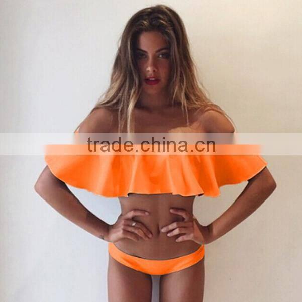 Private Label Sexy Swimwear With Flounces Of Mature Women High Waist Bikini Swimwear 2016