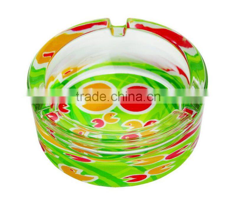Glass ashtray with decal on bottom,high quality glass ashtray