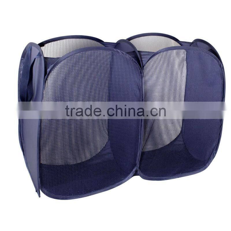 Dark Blue Foldable Pop-Up Mesh Hamper, 2-compartment Clothes Laundry Hamper