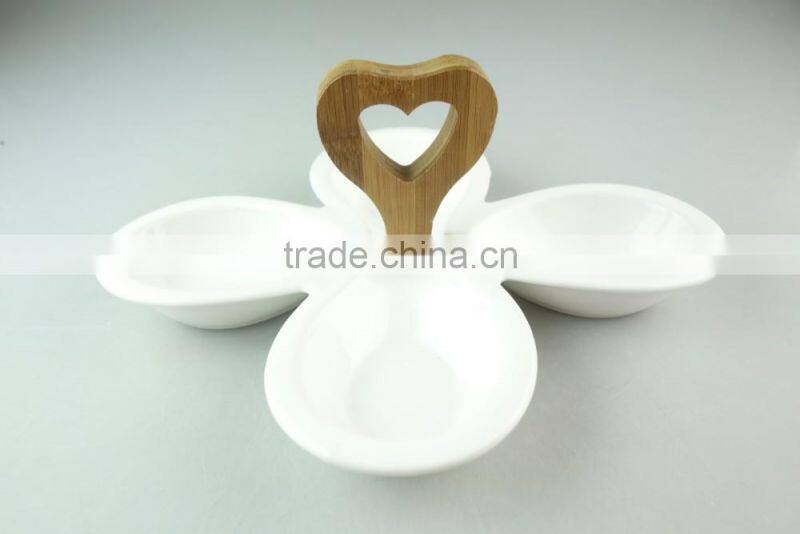 Wholesale ceramic white dinner plate divided serving platter & wooden handle
