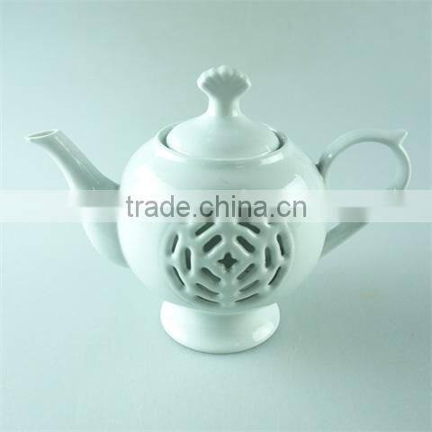stock cheap plain white ceramic tea pot with hollow-out design