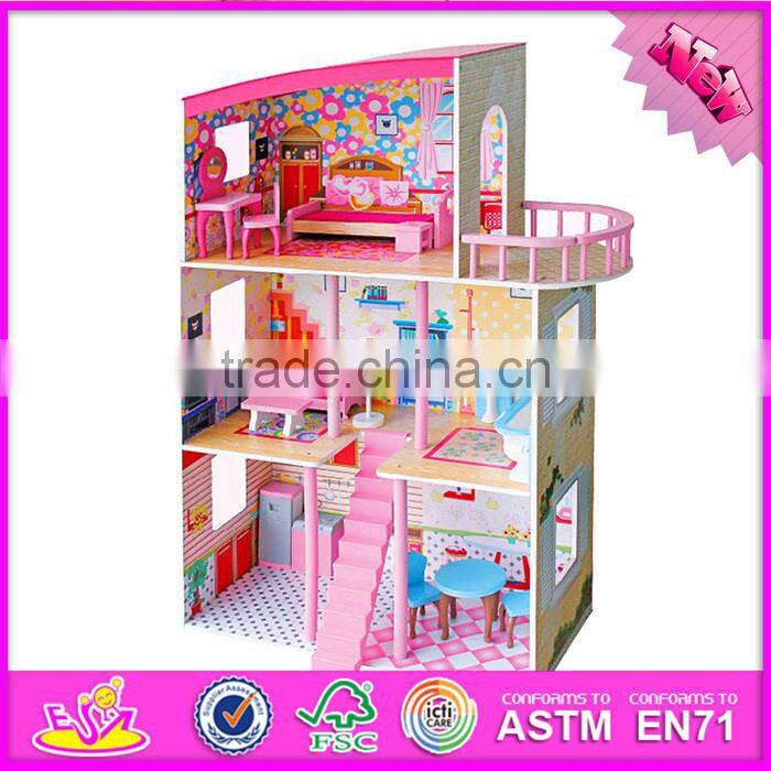 2016 new design beautiful kids wooden big doll house W06A160