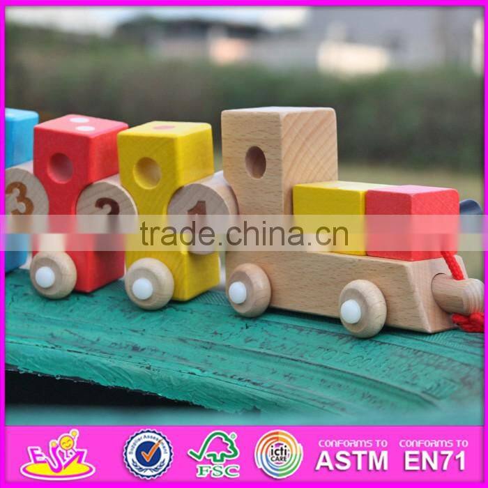 2016 new design educational number and blocks wooden pull toy car W05C079