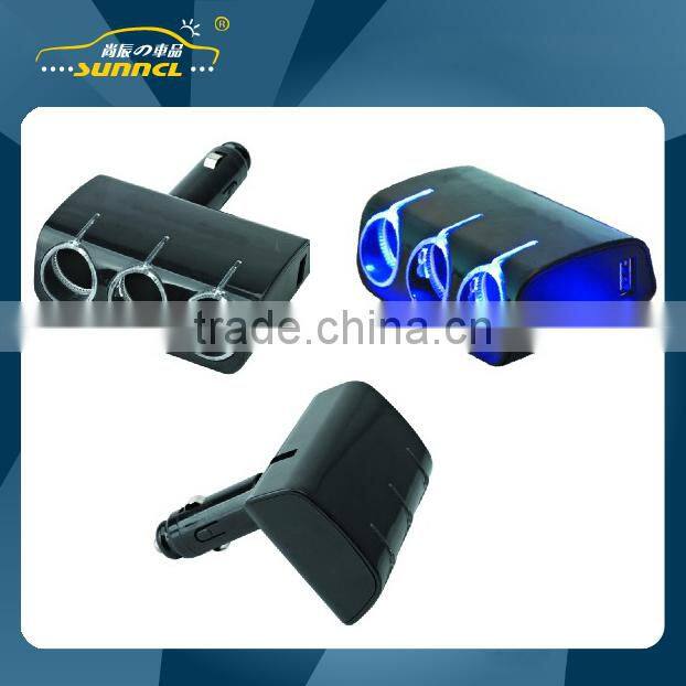 1 USB 3 Holes Female Car Cigarette Lighter Socket with Flexible Plug and LED Working Light