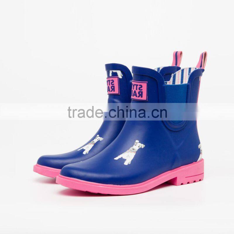 navy upper pink outsole white dog printed lovely fashion design chelsea rubber shoes waterproof wellies low cut ankle rain boots
