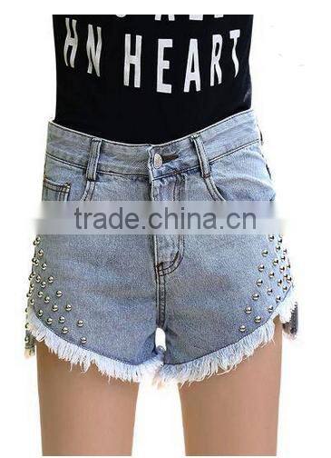 High-Rise Waist Denim Rip Shorts With Rivet Embellished