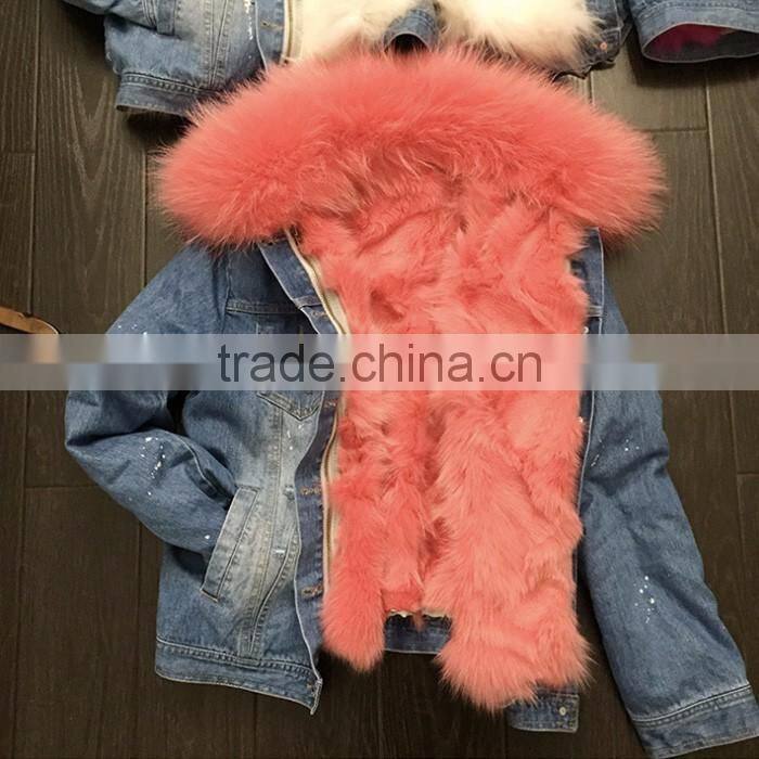 Myfur Cute Peach Fur Lining and Raccoon Fur Collar Trimmed Jeans Parka