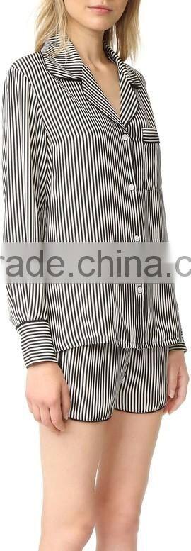 High quality smooth ladies pajamas fashion long sleeve women silk striped pajamas
