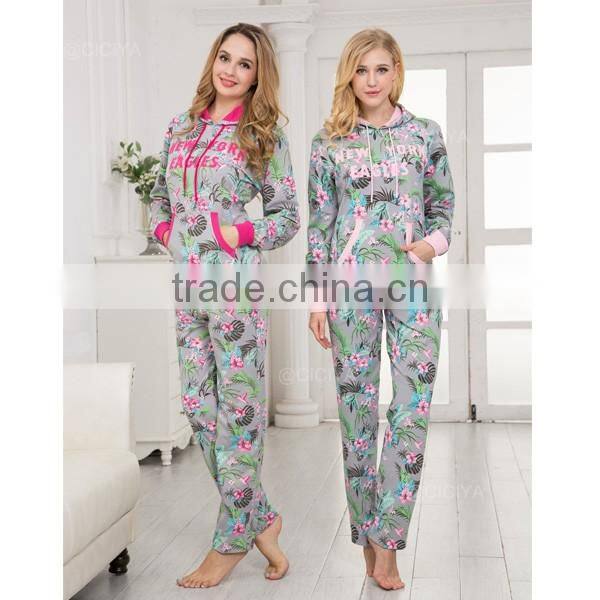 Wholesale custom women fancy printed pajama hoody+pant cvc french terry comfortable design winter pajamas set for women