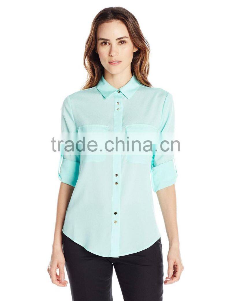 Women's Pink,Orange,Blue Double Button Blouse