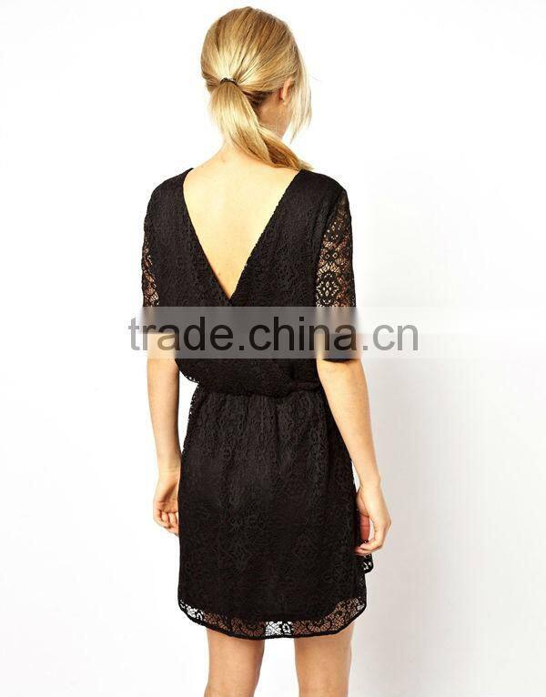 Red Skater Dress In Lace With Wrap Back