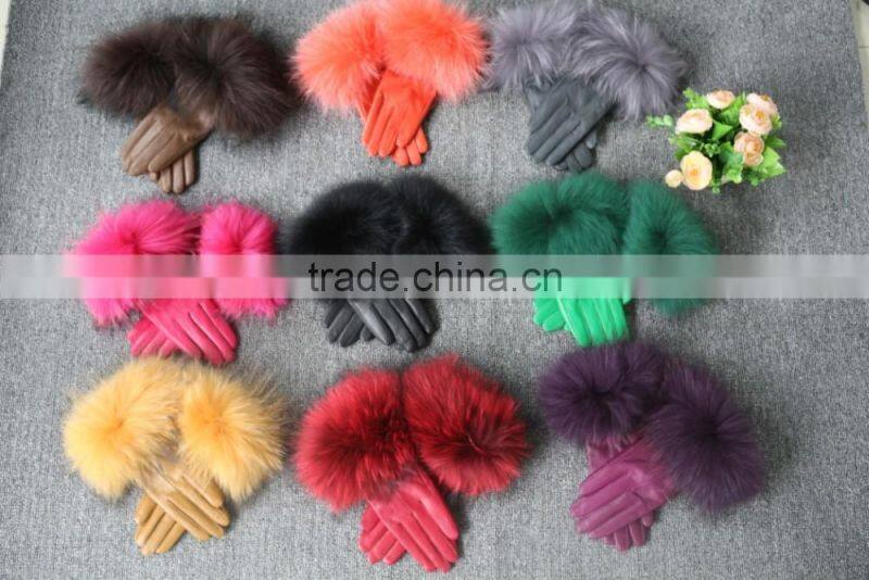 Wholesale Ladies Raccoon Fur Trimmed Sheep Leather Gloves With Factory Price