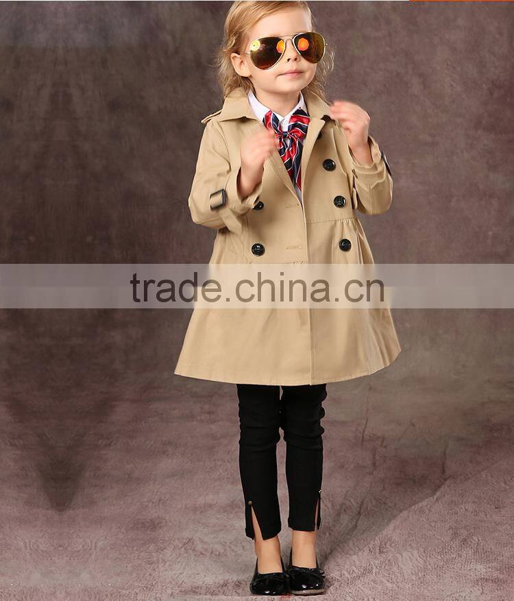 Latest fashion firls clothing double buckle long sleeve girls trench coat