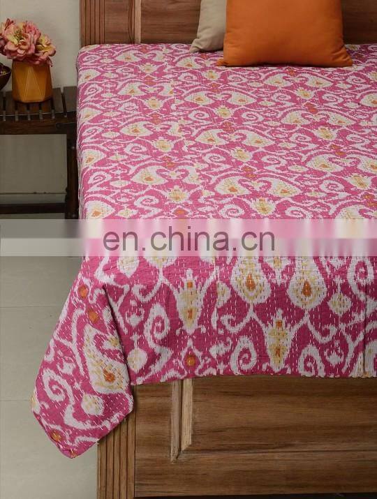 Ikat Kantah Quilt Pink Iakt Kantha Bedcover