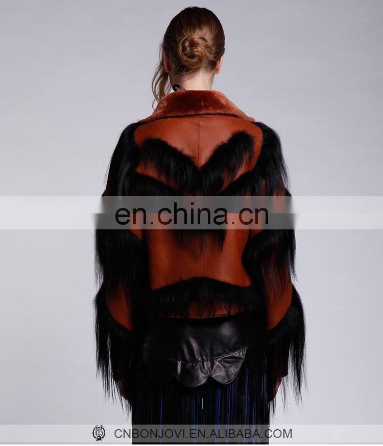 Wild Style Multicolored Goat Fur Coat Checked Merino Sheep Fur Jacket With Goat Fur Tassel Winter Women's Fashion Overcoat