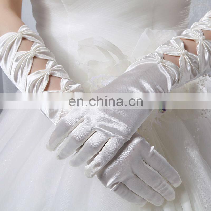 2014 Fashion Elegant Five Bows Full Finger Evening satin wedding Hand Gloves,Wholesale Pearl Beaded Bridal Gloves