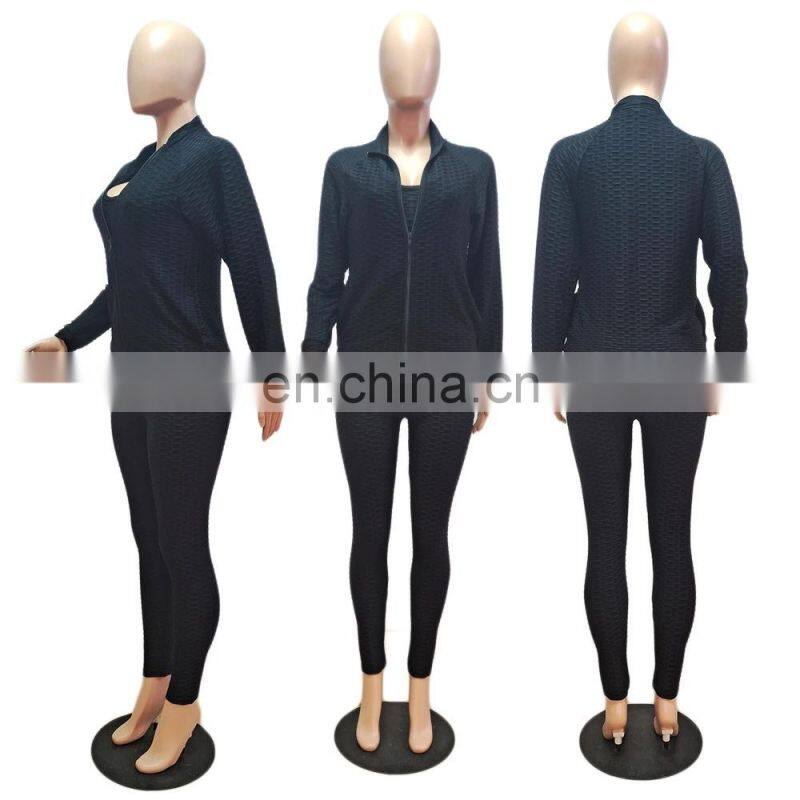 2021 New Fashion Plain Long Sleeve Jacquard 3 Piece Fall Sets Women Zipper Tracksuit Set