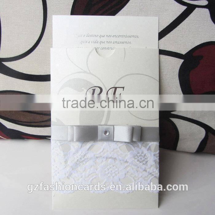 Luxury Custom Pocket Folds Lace Envelopes Invitation Cards Silver Wedding