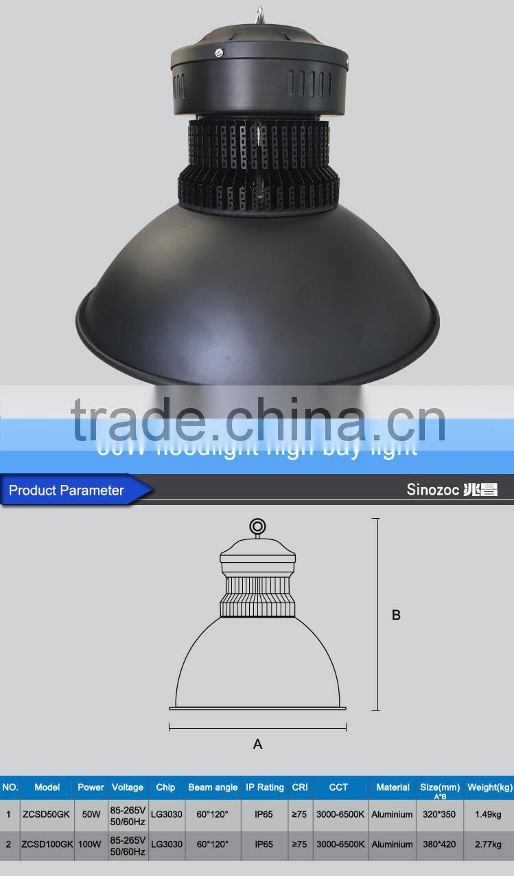 Sinozoc Wholesale 50w 100w ip65 Led High Bay Lights good heat radiation low decay Indoor Led High Bay Lighting Fixture