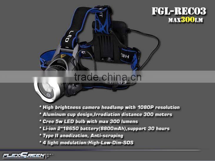 Aluminum rechargeable 2x18650 sport 5w led camera headlamp