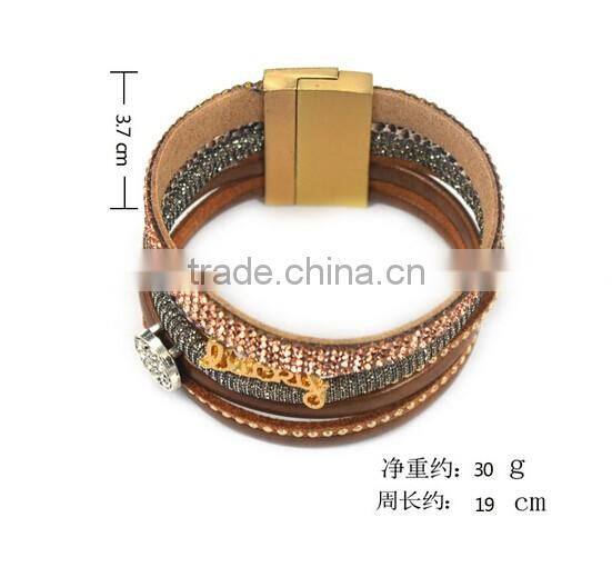 Fashion Lucky Letters DIY Diamond Rhinestones Tassel Multi-Layer Wide Leather Bracelet