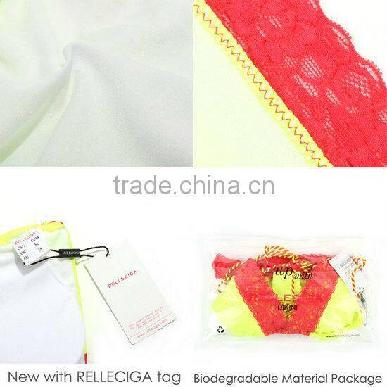 RELLECIGA Triangle Bikini Swimwear - Neon Yellow + Red Lace Top with Scrunch Butt Hot Sale Sexy Brazilian Bikini Set