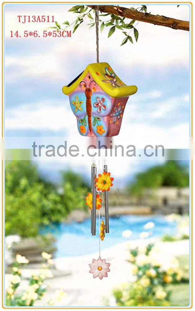 ceramic house shape wind chime with solar powered led lights decorative
