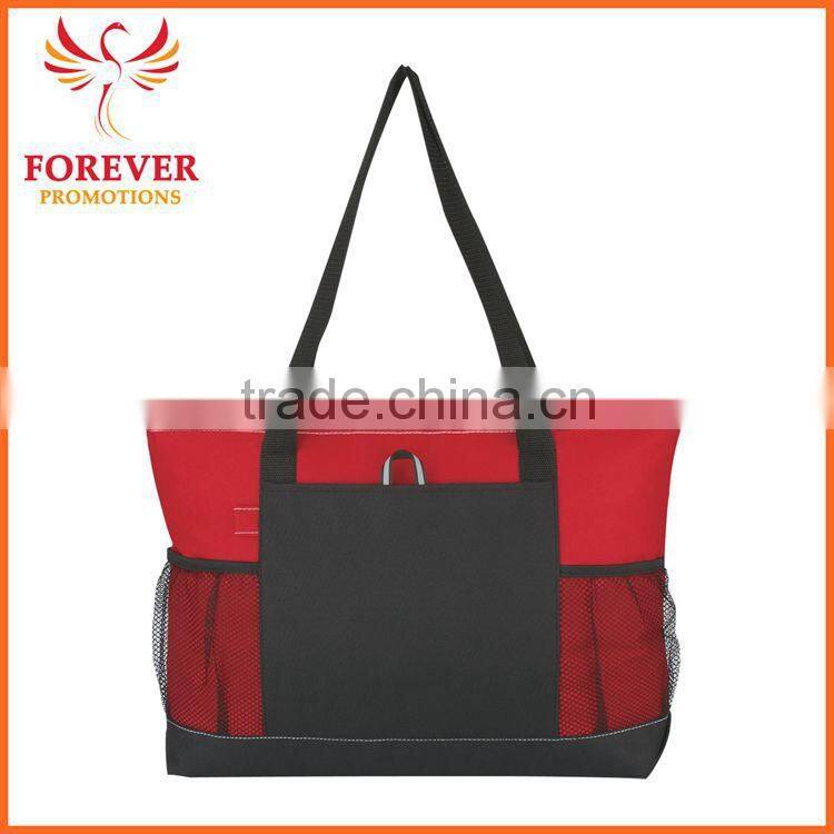 Wholesale 600 D Denier Polyester Top Zippered ClosureTote Bag With Mesh Pocket