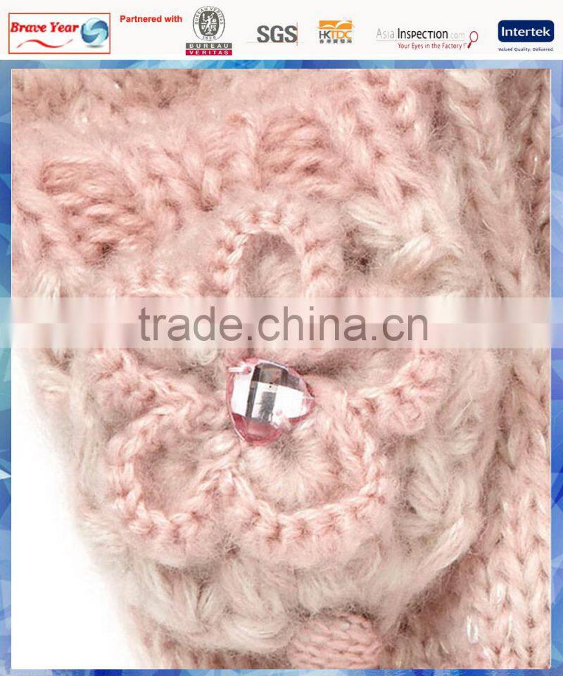 pink flower crochet winter warm knitted gloves for young girls