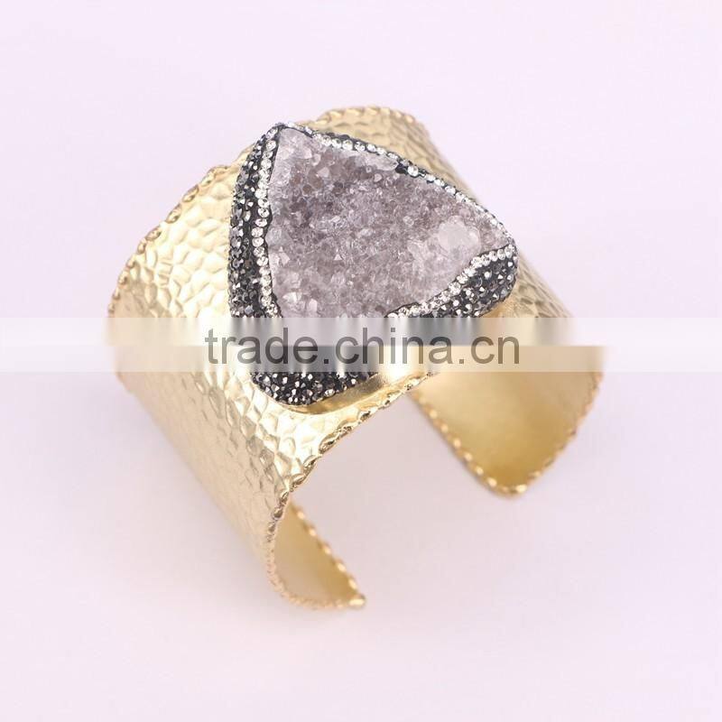 Gold Electroplated Brass Bangles, Natural Agate Quartz Stone Druzy Bangles in Adjustable Size