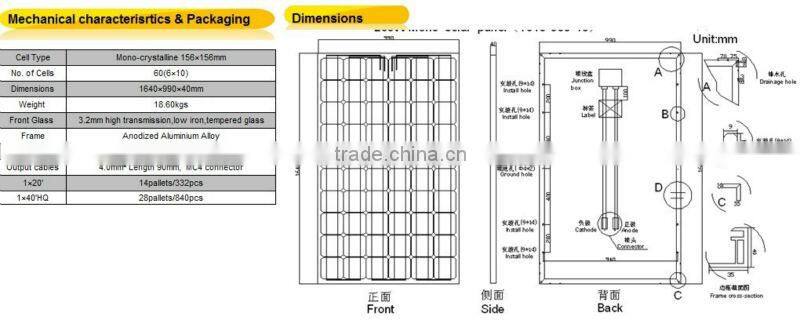 High efficiency 235Wp~255Wp Monocrystalline Solar Panel Home Use 30V 60PCS