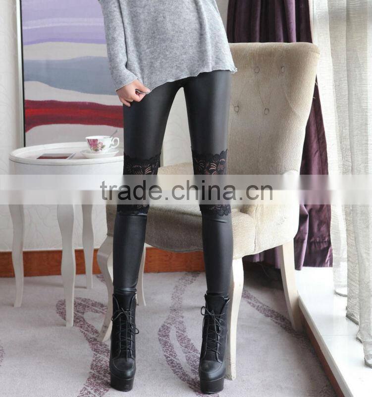 New Fashion Sexy Womens Faux Leather Stretch Leggings Knee Lace Tights Pants Wholesale