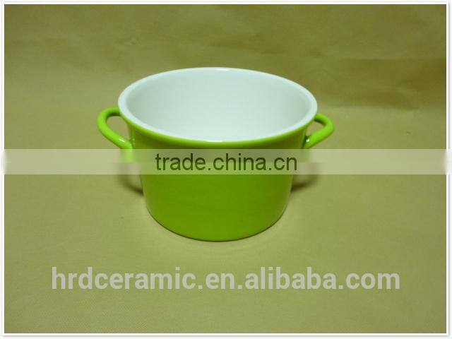 Large colorful two handle porcelain ceramic bowl,white porcelain