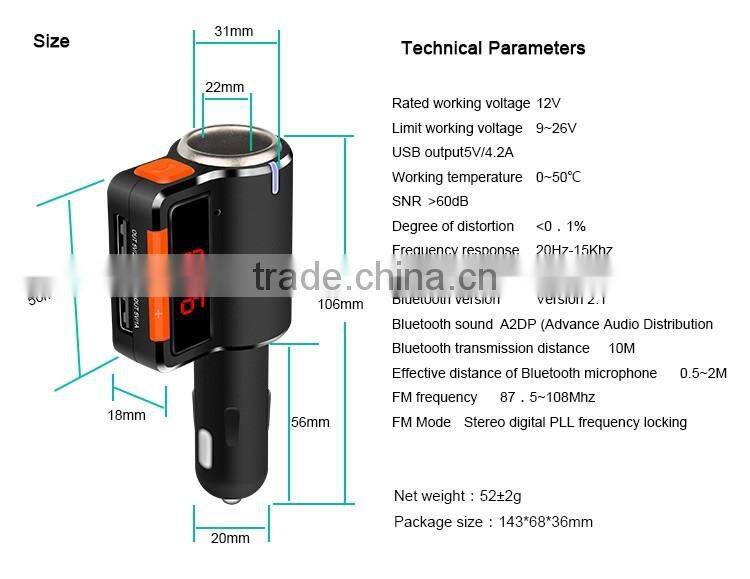 Dual USB Auto Car Charger kit with Wireless Bluetooth Hands Free Calling speaker MP3 Player FM Transmitter cigar lighter