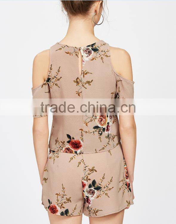 Two piece set women clothing floral print cold shoulder crop split top with shorts