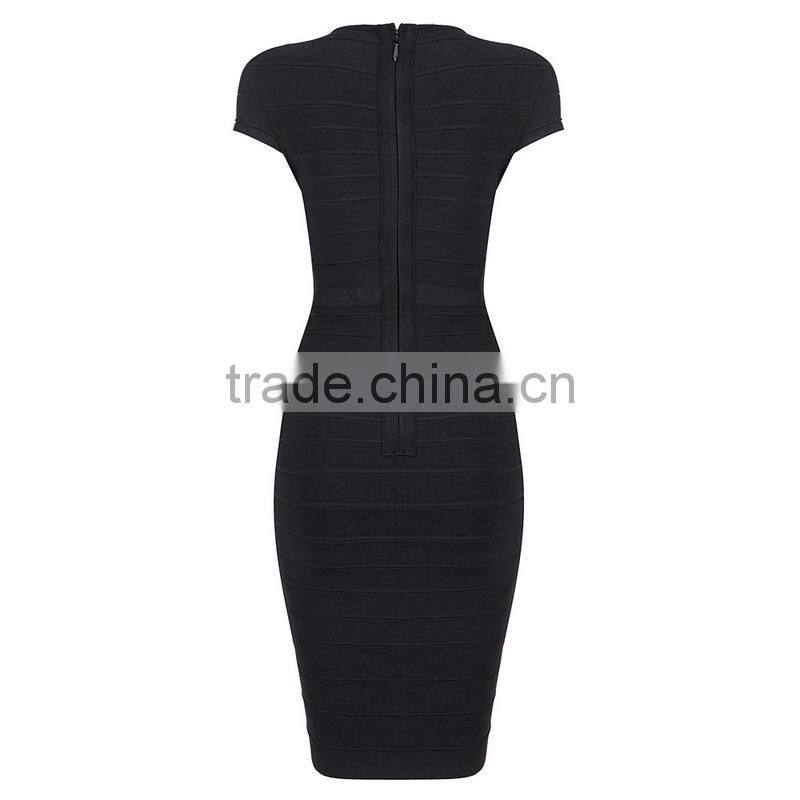 Europe New Sexy V-Neck Midriff cutout Cap Sleeve Knee Length All Black feminine Sheath Bandage Dress Plus Size H935