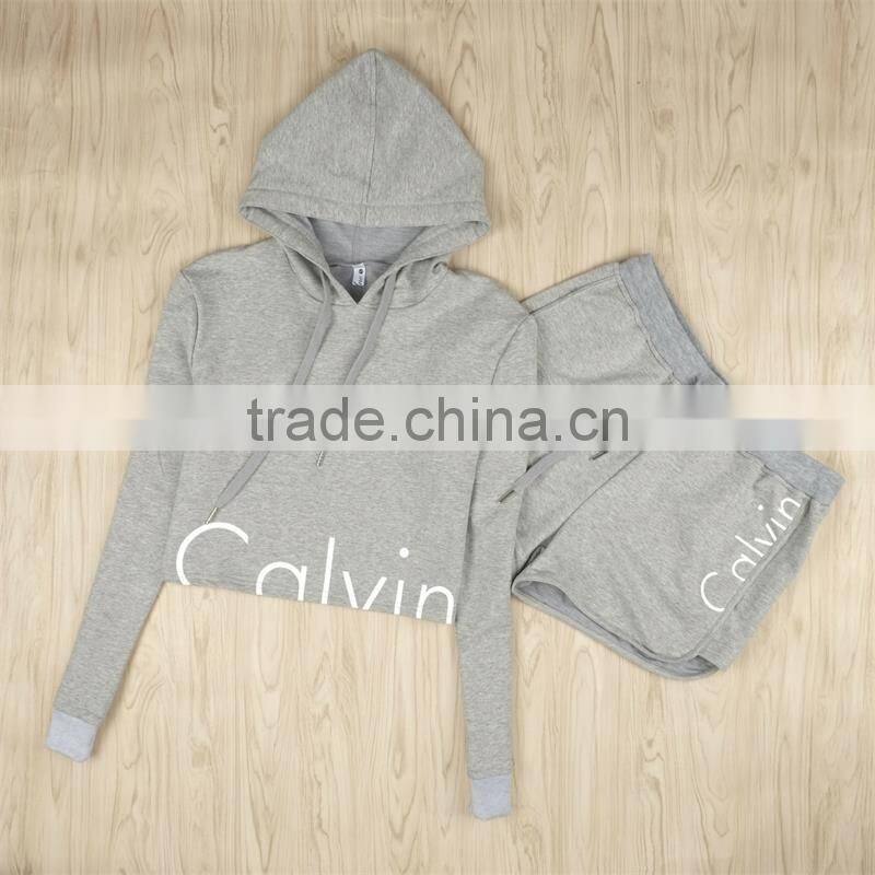 2016 New Women Fashion Sport Suit Tracksuit Summer Style Crop Top Black Gray Hoodies Sweatshirt + Short Pant Jogging Femme