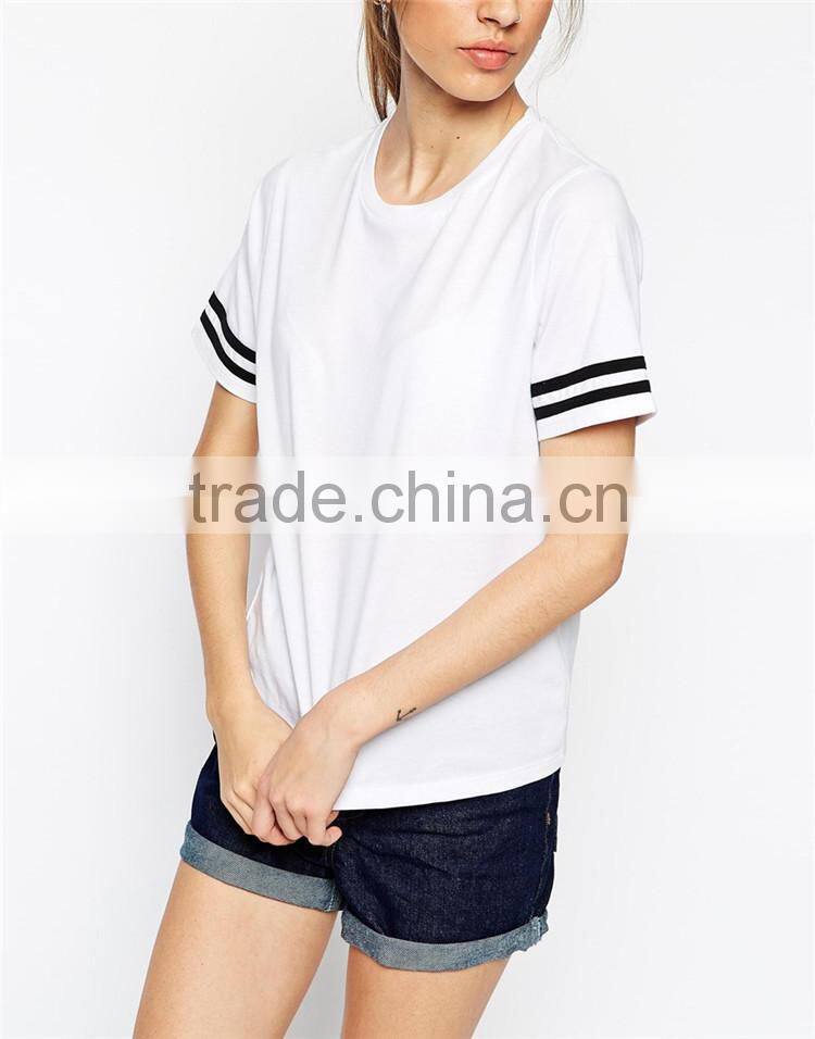 2017 top quality customized printed t shirts with stripe sleeves