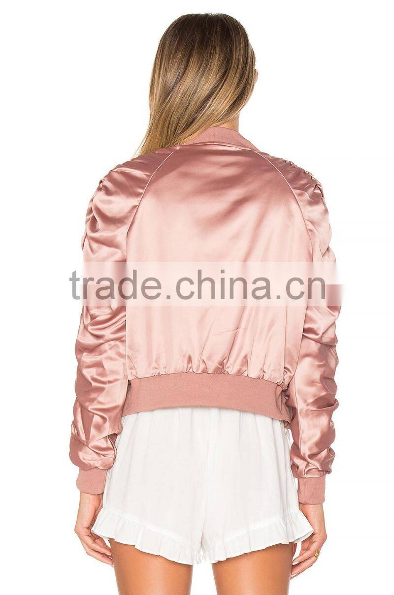 2017 Customize Pleat Pilot Jacket Ribbed Knit Trim Zipper Up 100% Polyester Baseball Jacket With Private Label